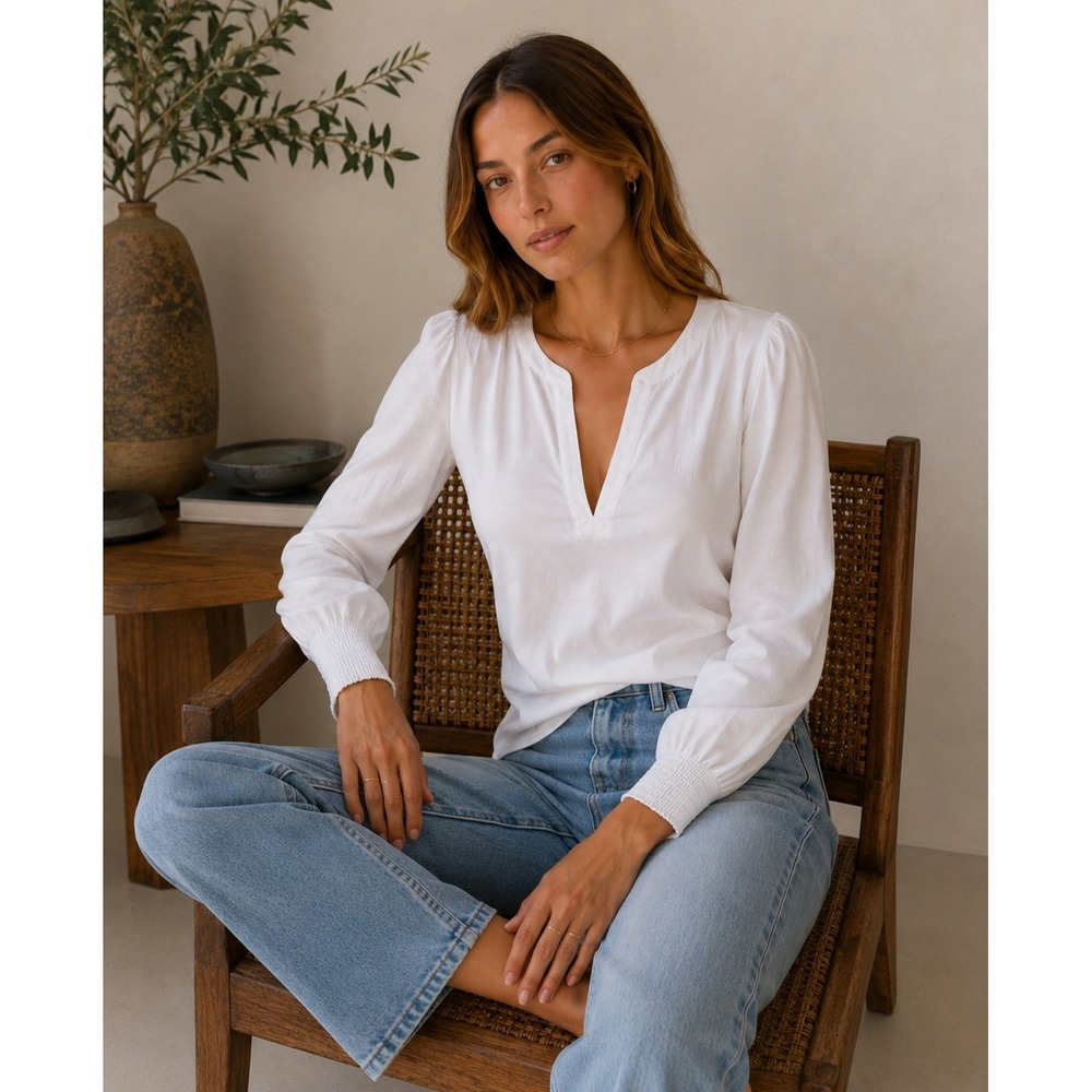 Nation LTD Flora Peasant Tee White Organic Cotton Puff Sleeve Smocked Top Small